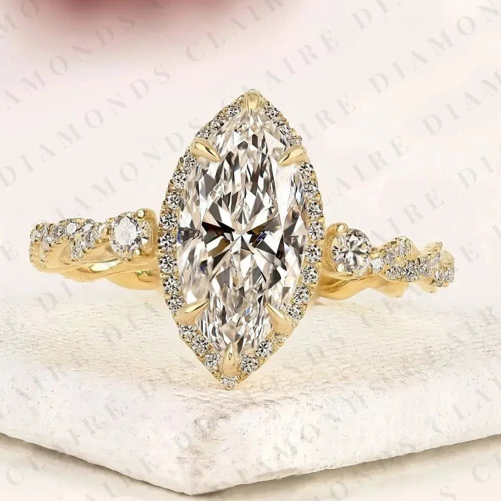 marquise cut moissanite diamond halo engagement ring twisted pavé diamond band ring vintage inspired bridal ring for women