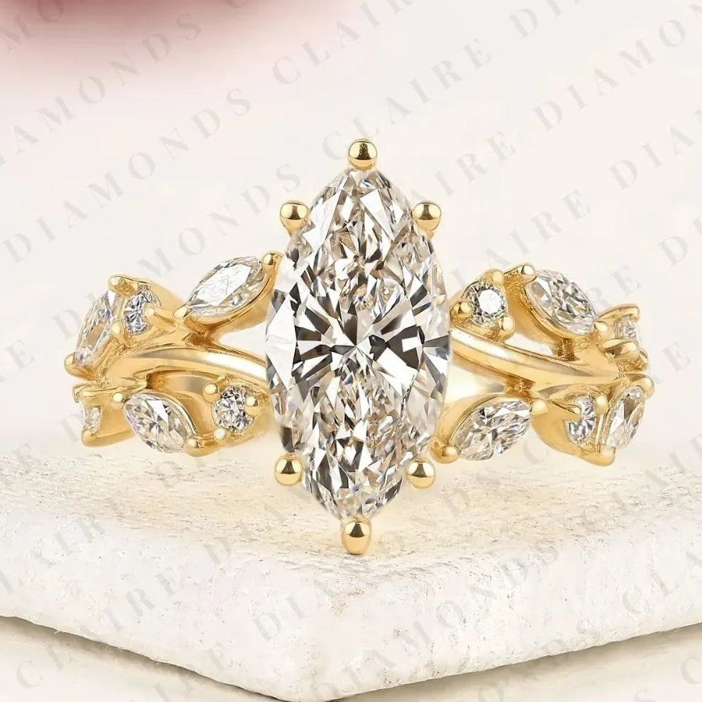 marquise cut nature inspired lab grown diamonds engagement ring | leaf vine lab grown diamond ring in gold | floral marquise solitaire ring | vintage botanical bridal jewelry