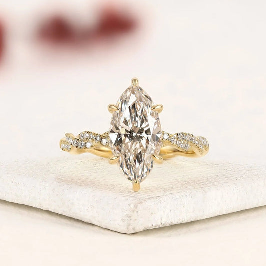Vintage-Inspired Marquise Cut Lab Grown Diamond Engagement Ring in Gold – Twisted Pavé Band Solitaire Ring