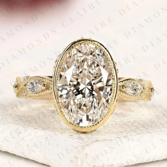 Heirloom Inspired Oval Moissanite Diamond Ring with Marquise and Round Diamond Details