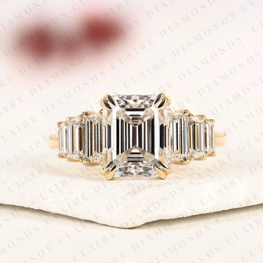 Emerald Cut Moissanite Diamond Engagement Ring in Yellow Gold | Side Stone Baguette Diamond Wedding Ring | Luxury Anniversary Ring for Women