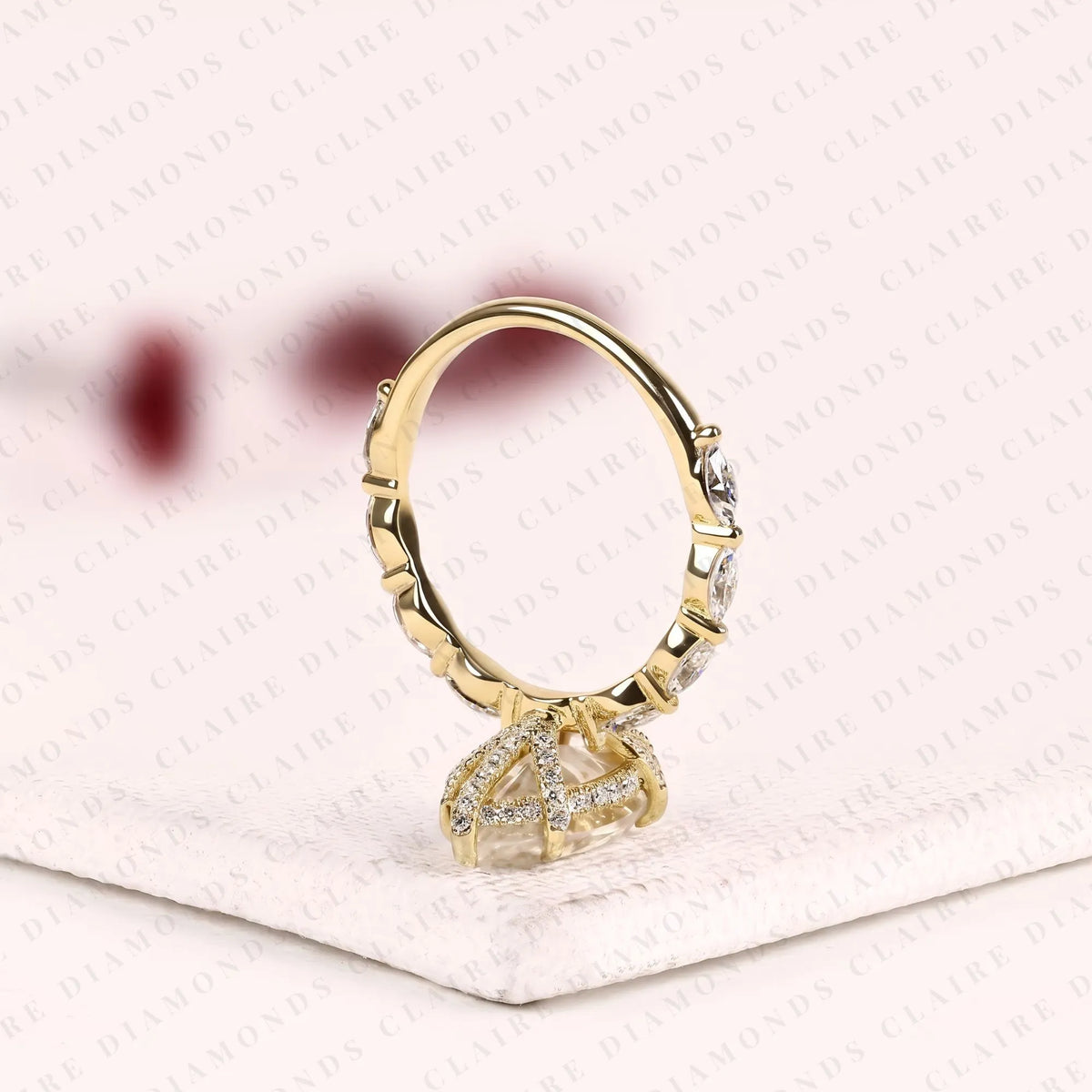 marquise cut lab grown diamond engagement ring | floral inspired diamond side stone ring | yellow gold bridal ring | elegant nature inspired wedding jewelry