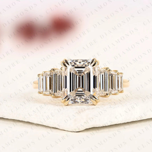 Emerald Cut Lab Grown Diamond Engagement Ring in Yellow Gold |Side Stone Baguette Diamond Wedding Ring | Luxury Anniversary Ring for Women