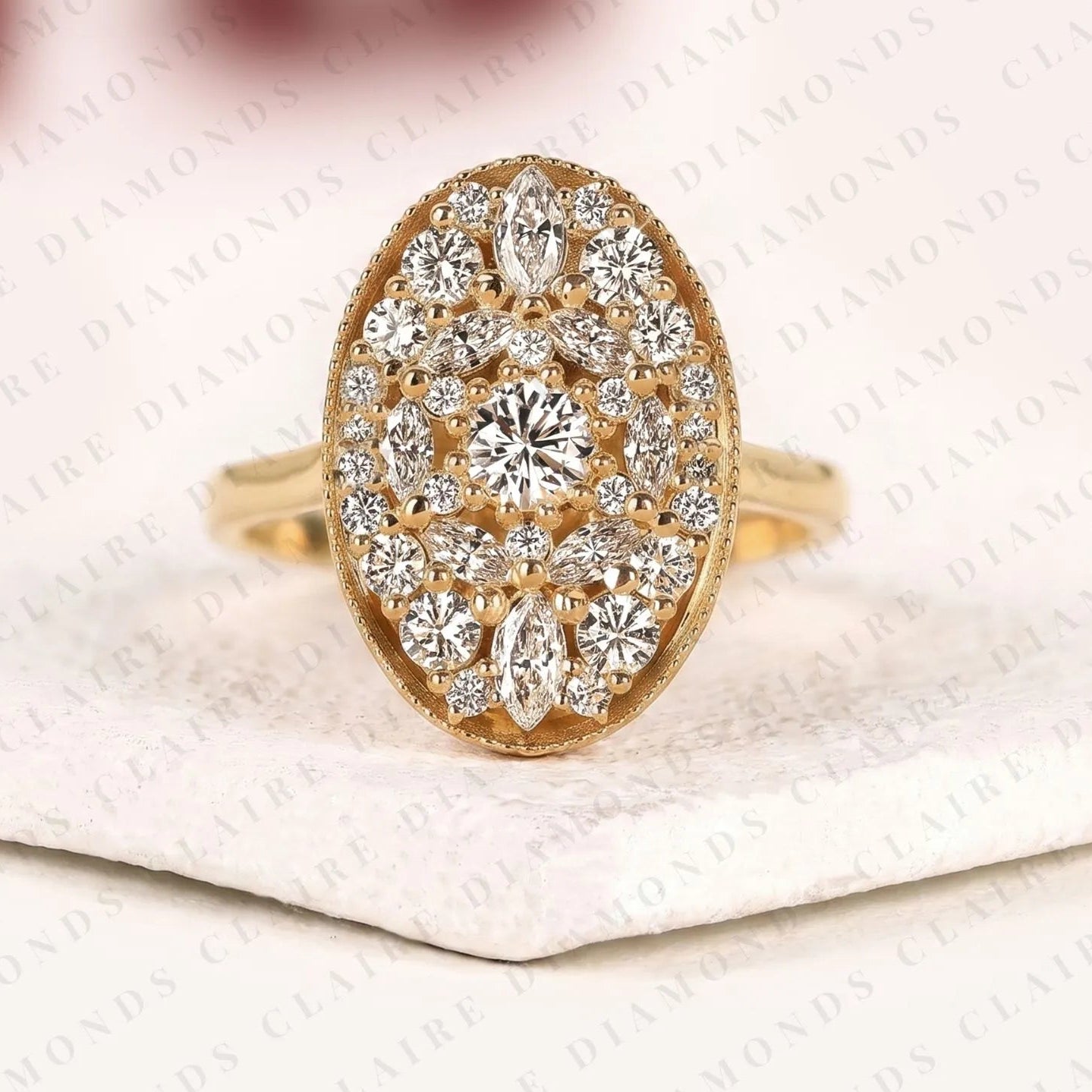 lab grown diamond floral cluster ring | intricate botanical pave engagement ring in yellow gold | unique luxury bridal statement ring