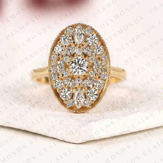 Lab Grown Diamond Floral Cluster Ring | Intricate Botanical Pave Engagement Ring in Yellow Gold | Unique Luxury Bridal Statement Ring