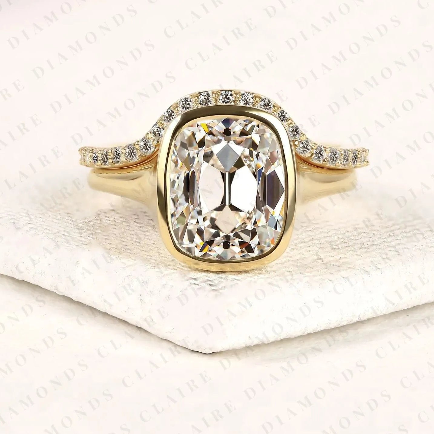 elongated cushion cut moissanite diamond engagement ring old mine cut bezel set bridal ring set for women