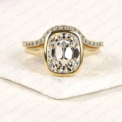 Elongated Cushion Cut Moissanite Diamond Engagement Ring Old Mine Cut Bezel Set Bridal Ring Set for Women