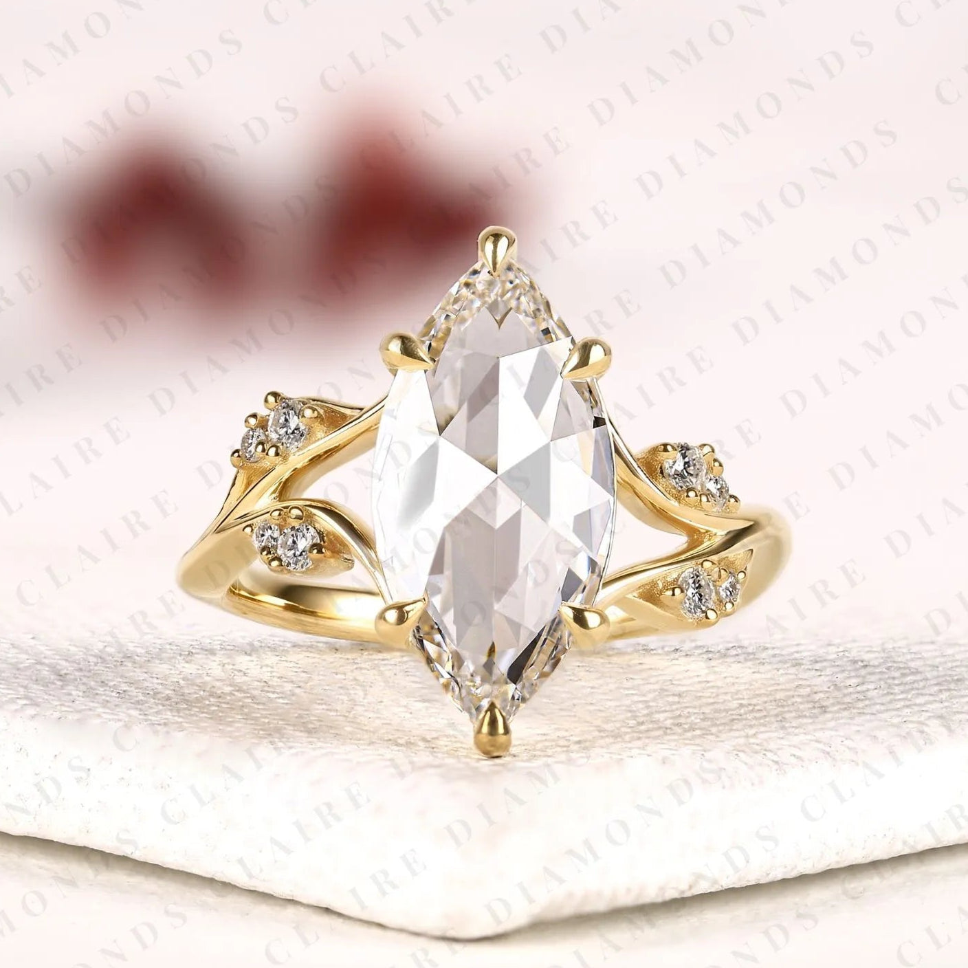 rose cut marquise lab grown diamond ring, nature inspired leaf engagement ring, unique ring
