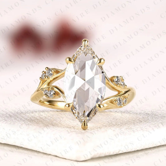 Rose Cut Marquise Lab Grown Diamond Ring, Nature Inspired Leaf Engagement Ring, Unique Ring