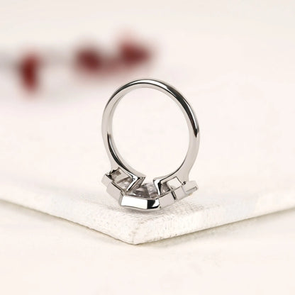 Emerald Cut Three Stone Lab Grown Diamond Engagement Ring Bezel Set Emerald Diamond Ring with Tapered Baguette Side Stones Luxury Bridal Ring