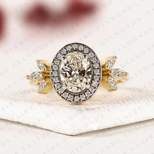 Oval Cut Lab Grown Diamond Halo Engagement Ring | Floral Leaf Halo Bridal Ring | Yellow Gold Nature Inspired Diamond Ring | Unique Luxury Engagement Jewelry