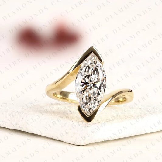 Marquise Cut Moissanite Diamond Engagement Ring, Modern Bezel Set Solitaire Ring, Minimalist Gold Wedding Ring, IGI Certified Diamond Ring