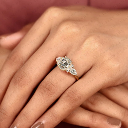 Old Mine Elongated Cushion Cut Moissanite Engagement Ring, Milgrain Bezel Setting, Pear Side Stone Halo, Yellow Gold Vintage Inspired Bridal Ring