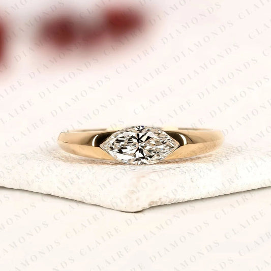 Minimalist Marquise Cut Solitaire Lab Grown Diamond Engagement Ring in Yellow Gold | Modern Bezel-Inspired Promise Ring for Women.