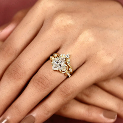 Marquise Cut Lab Grown Diamond Engagement Ring | Nature Inspired Floral Vine Gold Ring | Pavé Bridal Ring with Matching Wedding Band