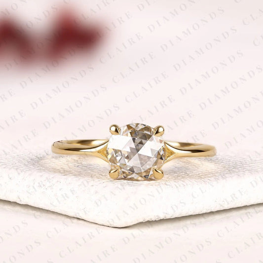 Rose Cut Round Lab Grown Diamond Solitaire Engagement Ring in Gold, Promise Ring, Yellow Gold