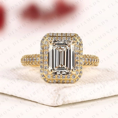 Emerald Cut Moissanite Diamond Halo Engagement Ring, Double Pavé Halo Yellow Gold Bridal Ring, Luxury Statement Ring