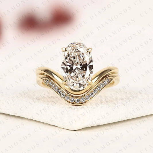 Curved Chevron Wedding Band Set with Elongated Oval Cut Lab Grown Diamond Ring | Vintage V-Shaped Bridal Set | Unique Anniversary Ring for Women