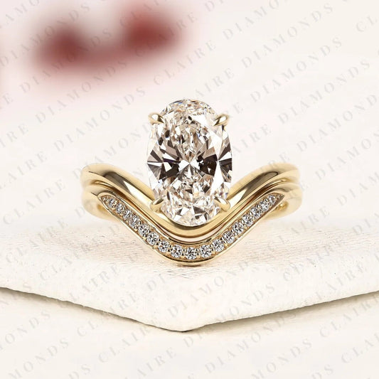 Curved Chevron Wedding Band Set with Elongated Oval Cut Moissanite Diamond Ring | Vintage V-Shaped Bridal Set | Unique Anniversary Ring for Women
