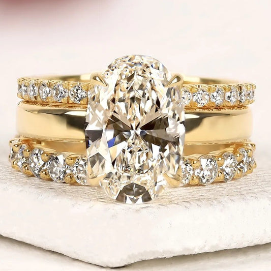 Oval Cut Lab Grown Diamond Bridal Set Hidden Halo Engagement Ring with Matching Wedding Band Yellow Gold Oval Ring Pave Diamond Bridal Ring Set IGI Certified Wedding Jewelry