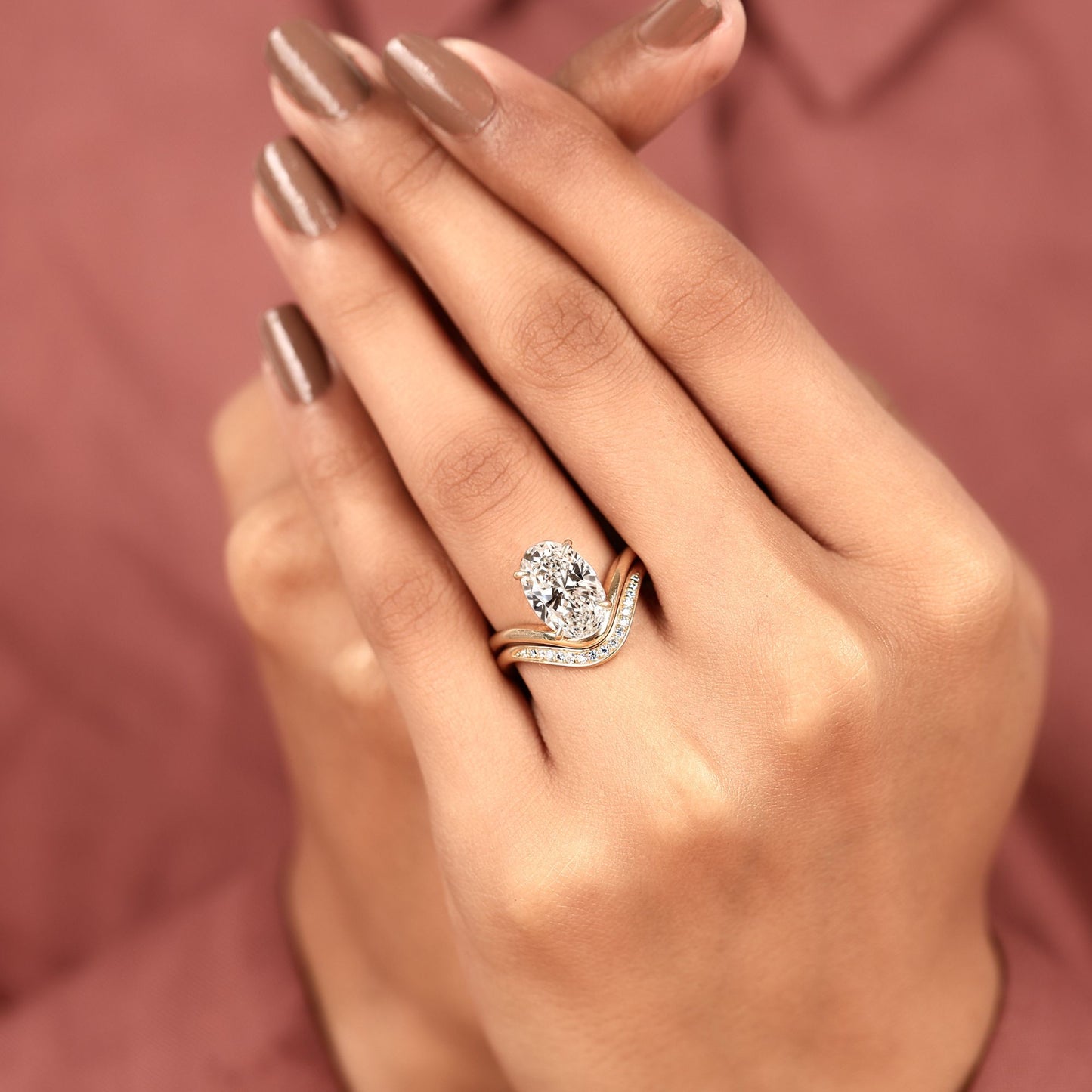curved chevron wedding band set with elongated oval cut moissanite diamond ring | vintage v-shaped bridal set | unique anniversary ring for women