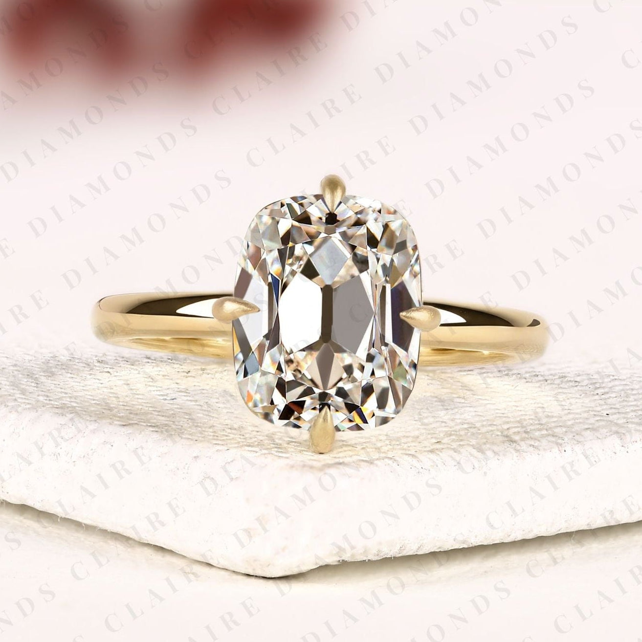 old mine elongated cushion cut lab grown engagement ring in solid gold | classic solitaire wedding ring