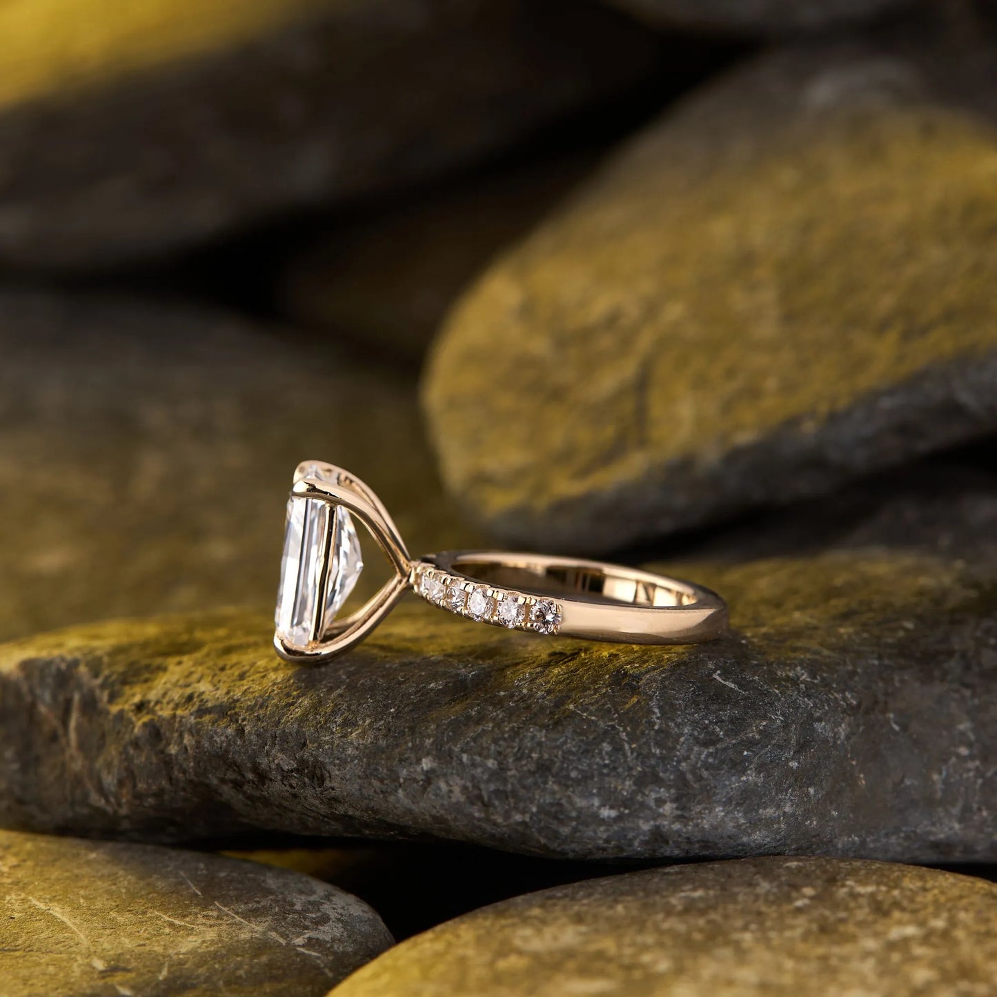 radiant cut solitaire lab grown diamond engagement ring with pavé diamond band