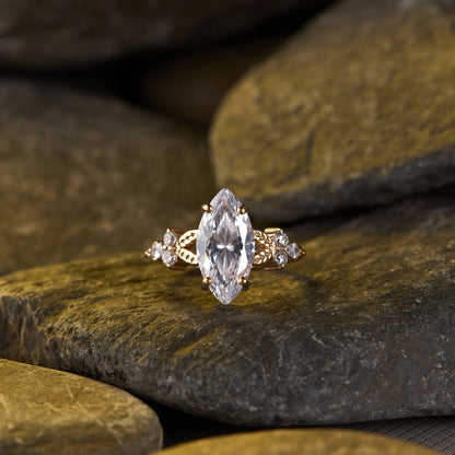 Vintage Lab Grown Marquise Cut Diamond Ring with Elegant Floral Inspired Detailing and Timeless Sparkling Statement Design