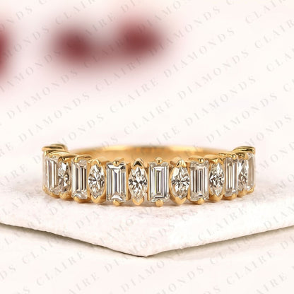 1.76 TCW Alternating Marquise & Baguette Cut Lab Grown Diamond Eternity Band, Yellow Gold Full Eternity Wedding Ring, Modern Geometric Anniversary Band