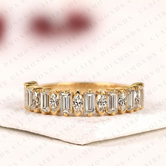 1.76 TCW Alternating Marquise & Baguette Cut Lab Grown Diamond Eternity Band, Yellow Gold Full Eternity Wedding Ring, Modern Geometric Anniversary Band