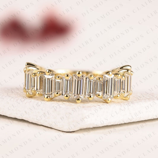 2.00 TCW Baguette Cut Lab Grown Half Eternity Band in Solid Gold | Modern Alternating Baguette Stone Ring, Stackable Anniversary Band for Women