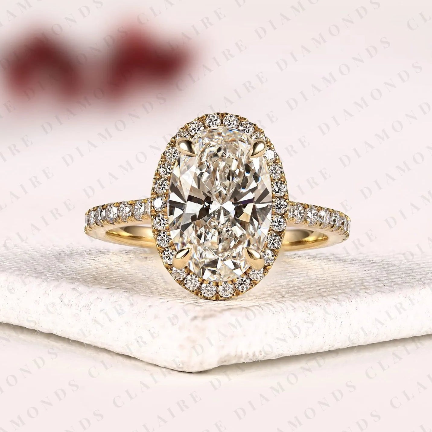 oval lab grown diamond hidden halo ring, pave engagement ring, yellow gold, pave band, oval wedding ring