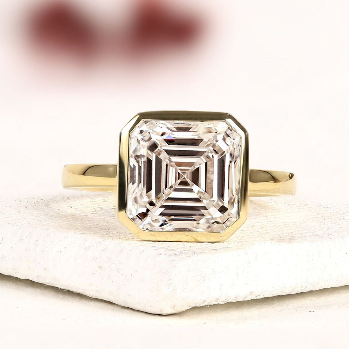 asscher cut moissanite diamond bezel set engagement ring | modern solitaire statement ring