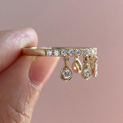 1.50 TCW Elegant Dangling Pear Cut Lab Grown Diamond Drop Ring in Gold Minimalist Pave Band Dangle Ring for Women