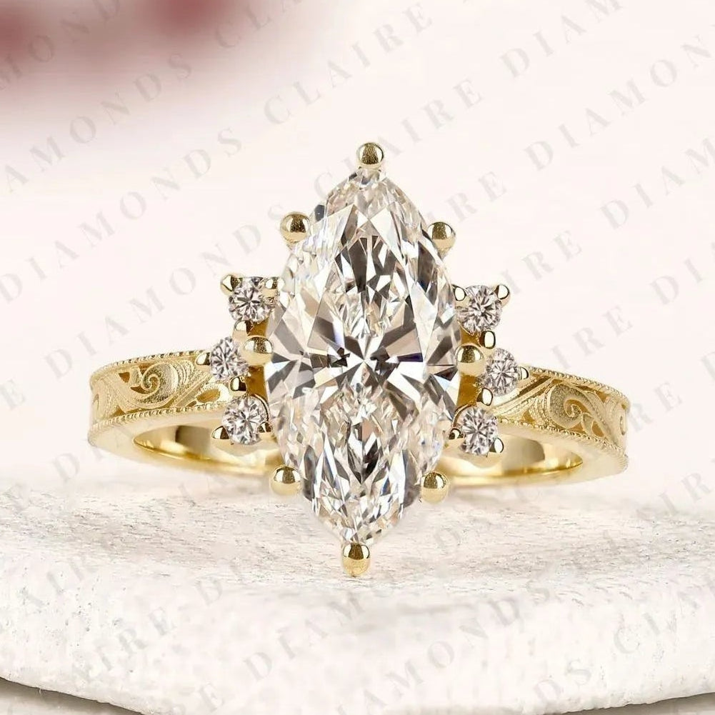 vintage marquise cut lab grown diamond engagement ring engraved gold ring floral halo wedding ring antique inspired bridal ring