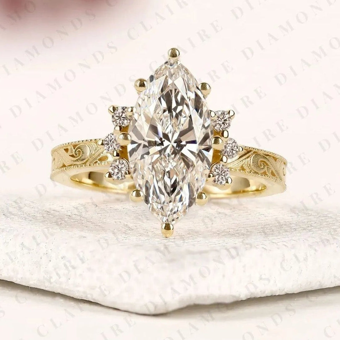 vintage marquise cut moissanite diamond engagement ring engraved gold ring floral halo wedding ring antique inspired bridal ring