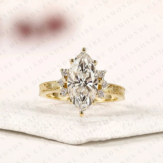 Vintage Marquise Cut Moissanite Diamond Engagement Ring Engraved Gold Ring Floral Halo Wedding Ring Antique Inspired Bridal Ring