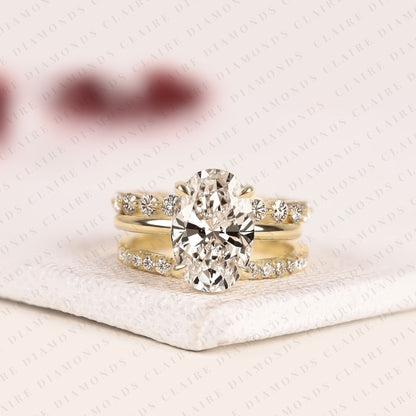 Oval Moissanite Diamond Engagement Ring Set with Diamond Eternity & Bubble Band in Yellow Gold