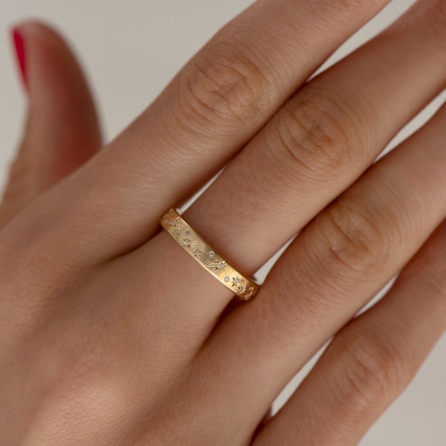0.48 tcw minimalist celestial starburst moissanite diamond band in gold dainty cosmic inspired ring