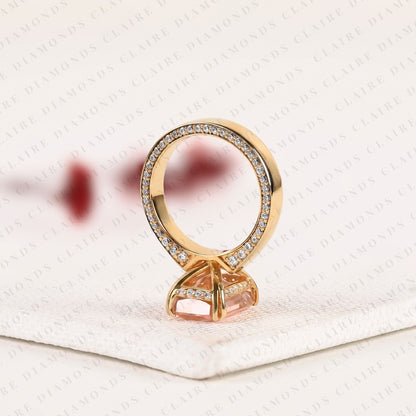 Radiant Cut Pink Moissanite Diamond Engagement Ring, Yellow Gold Pave Band, Unique Wedding Ring for Women