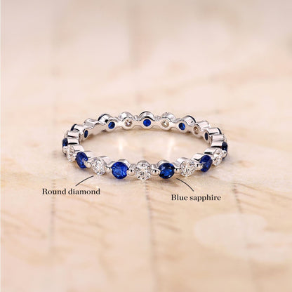 1.76 TCW Alternating Blue Sapphire & Diamond Lab Grown Eternity Band Elegant Gemstone Stackable Ring