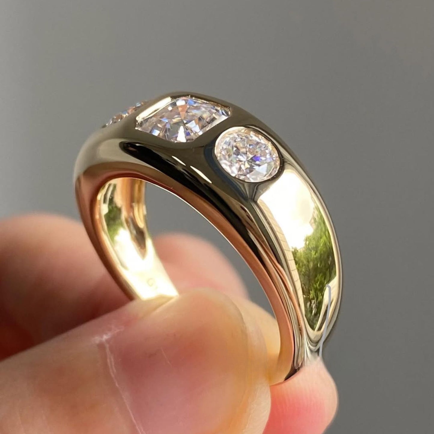 luxury three-stone asscher cut moissanite diamond gold band ring minimal modern statement ring