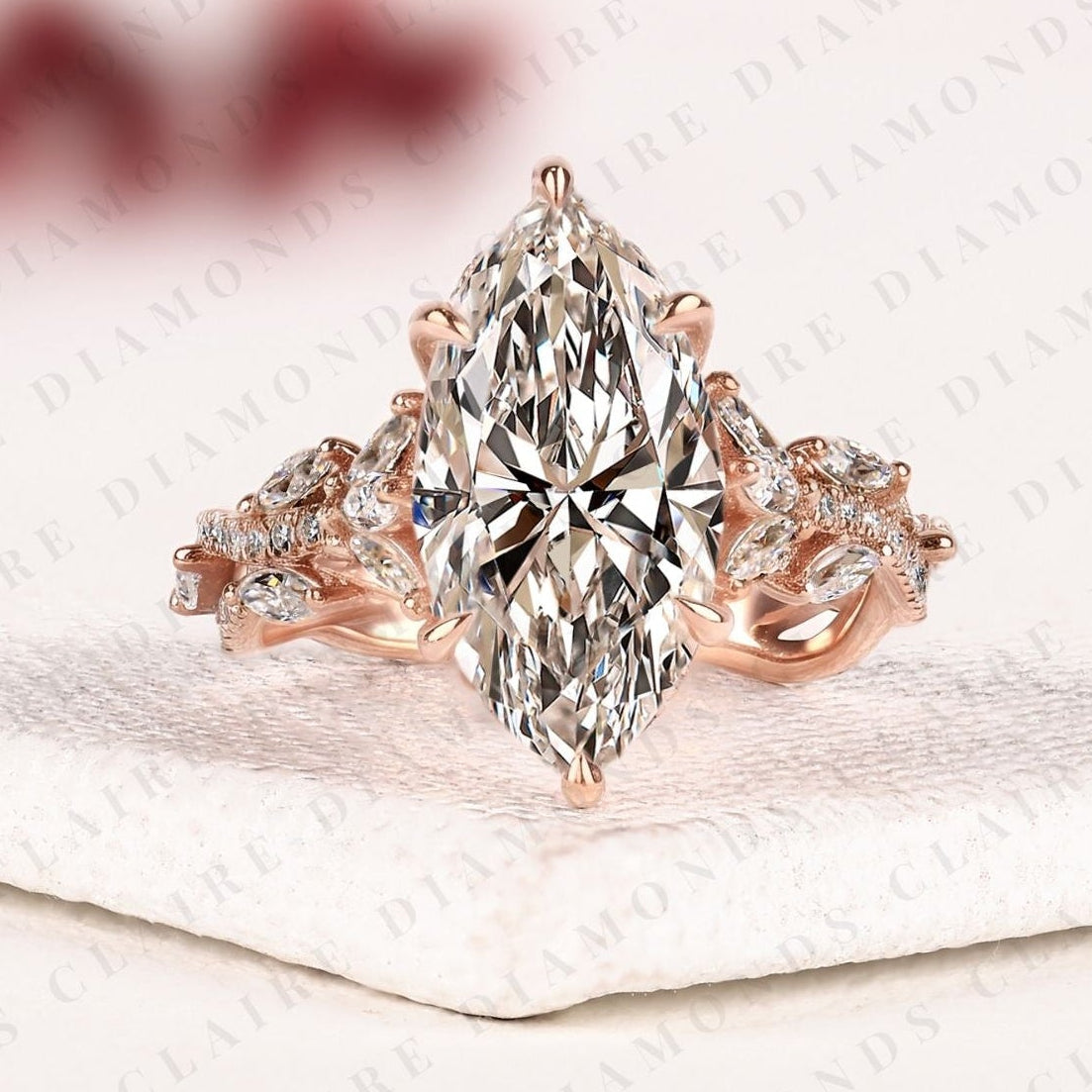 marquise cut lab grown diamond engagement ring with twisted vine pave band in rose gold, hidden halo ring, vintage style ring