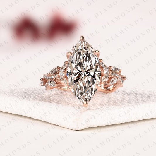 Marquise Cut Moissanite Diamond Engagement Ring with Twisted Vine Pave Band in Rose Gold, Hidden Halo Ring, Vintage Style Ring