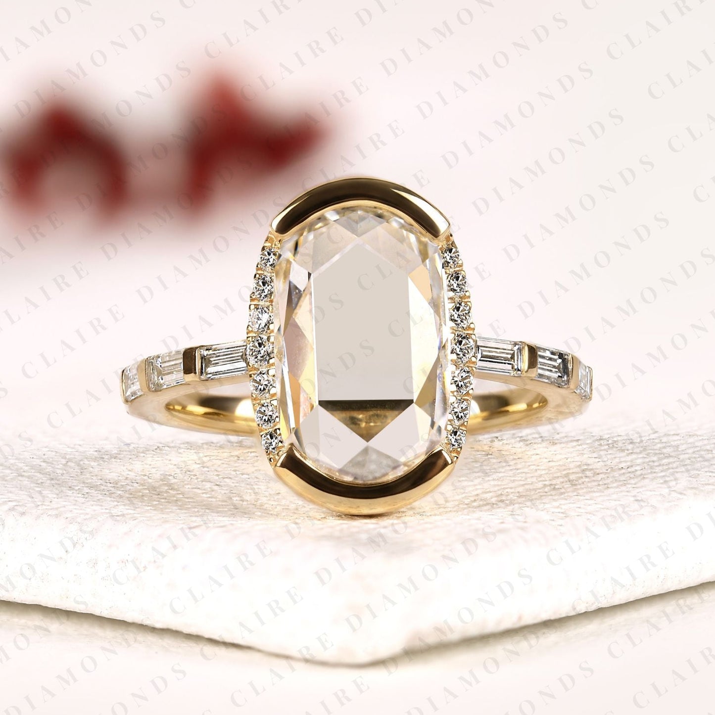 cushion rose cut lab grown diamond bezel ring with baguette side stones | hidden halo engagement ring