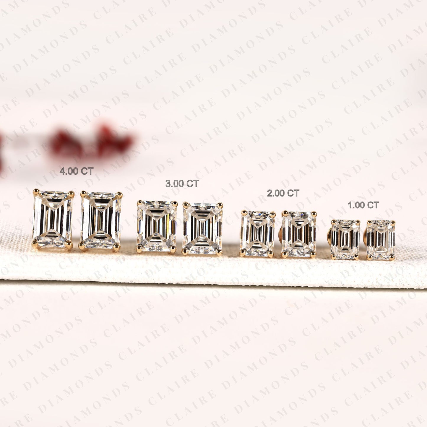 emerald cut moissanite diamond stud solitaire earrings, elegant diamond studs, modern minimalist diamond jewelry