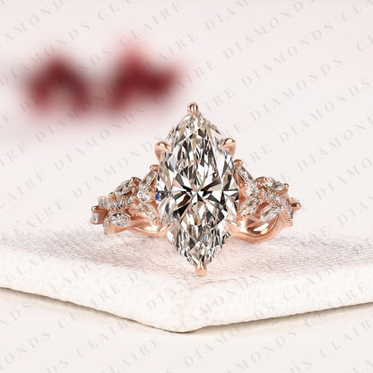 Marquise Cut Moissanite Diamond Engagement Ring with Twisted Vine Pave Band in Rose Gold, Hidden Halo Ring, Vintage Style Ring