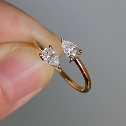 1.00 TCW Elegant Open Bypass Moissanite Diamond Pear Cut Diamond Ring in Minimalist Double Stone Ring