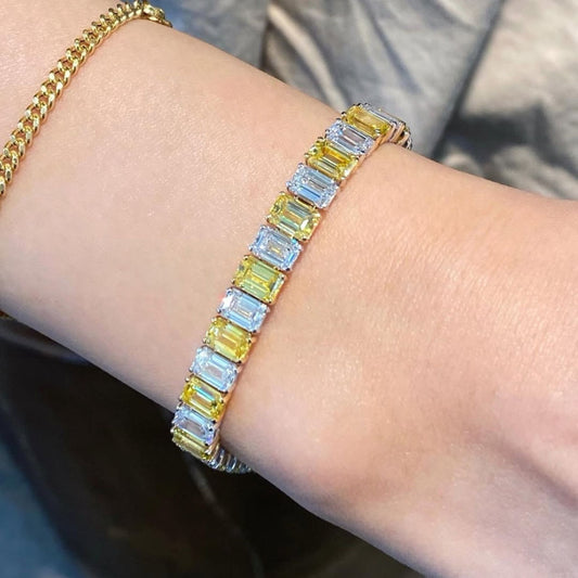 7.00 TCW Yellow & White Emerald Cut Lab Grown Diamond Tennis Bracelet in Gold Pastel Sapphire Style Statement Bracelet (Copy)