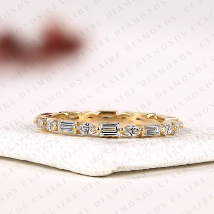 2.00 TCW Baguette & Marquise Lab Grown Diamond Band Vintage Inspired Alternating Stone Anniversary Ring, Elegant Stackable Band & Timeless Everyday Ring